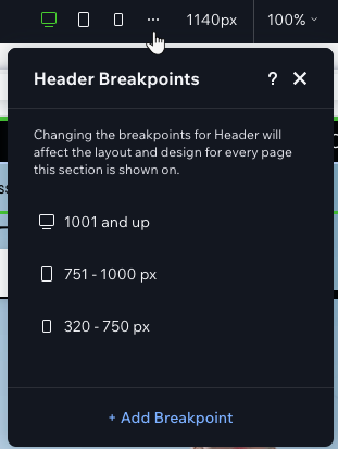 El panel de breakpoints para un encabezado global, que muestra que hay BP diferentes a los de la página