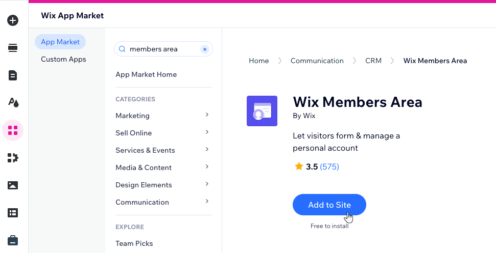 Adding the Members Area app in Wix Editor