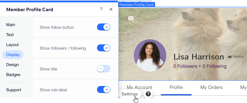 designing the member profile card in Wix Editor