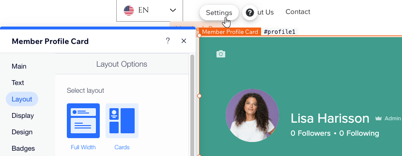 The member profile card settings panel in the old members area version, where you could switch layout