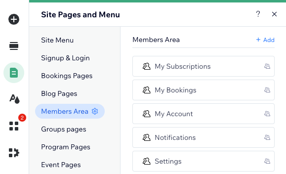 The pages panel showing all the pages that make up a site's Members Area