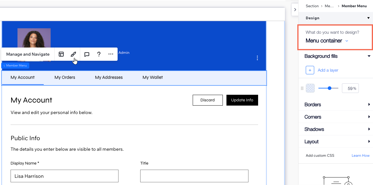 The design options in the Inspector panel for the Member Menu element