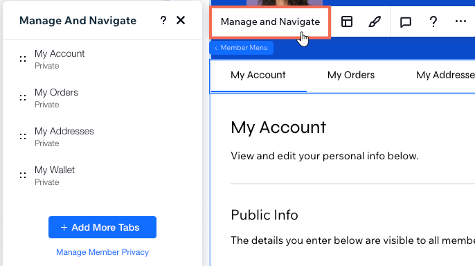 The Manage and Navigate panel in the Studio Editor