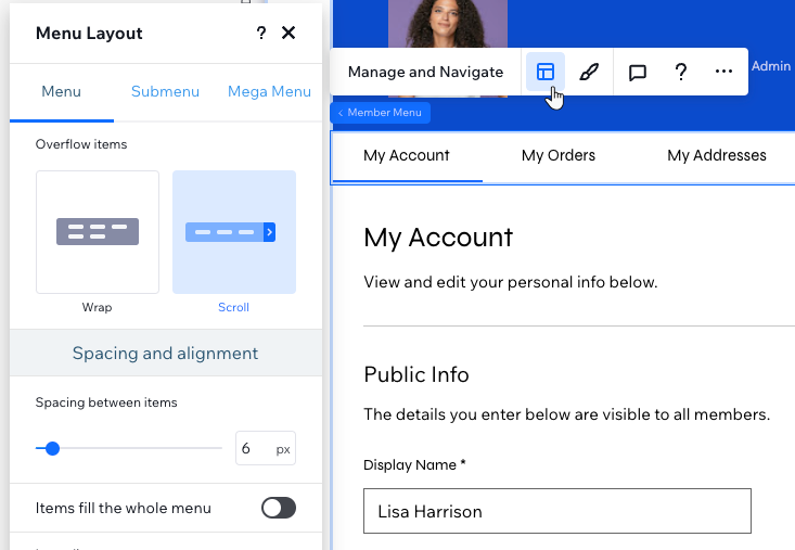 The Menu Layout panel for the Member Menu element