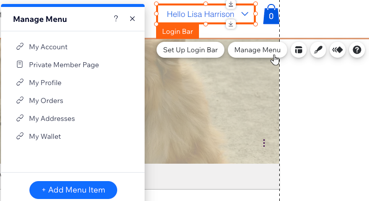 The Manage Menu panel for the Login Bar Menu in Wix Editor