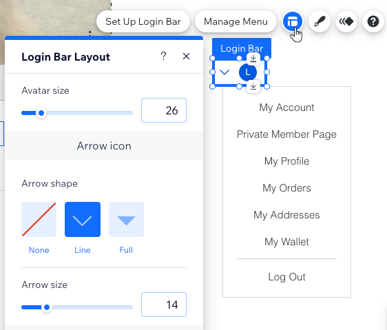 O painel Layout da barra de login no Editor Wix