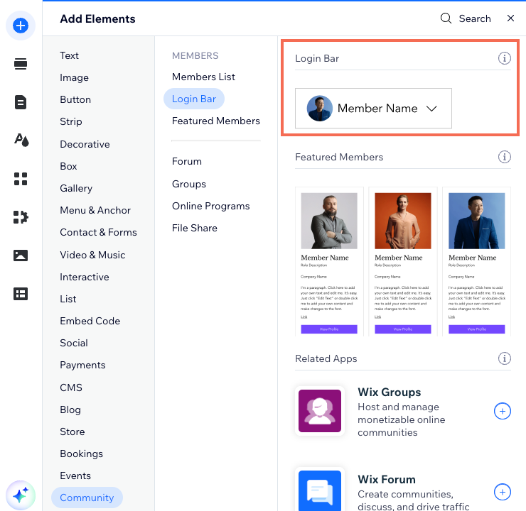 Die Anmeldeleiste im „Elemente hinzufügen“-Panel im Wix Editor