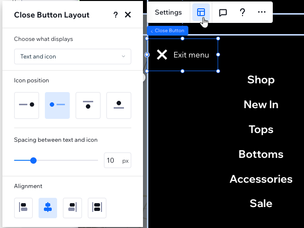 Das Layout-Panel für den „Schließen“-Button im Studio Editor