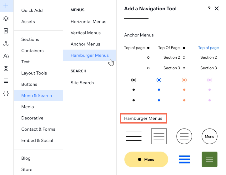 De ontwerpen voor het Hamburger-menu die beschikbaar zijn in het Elementen toevoegen-paneel in de Studio Editor