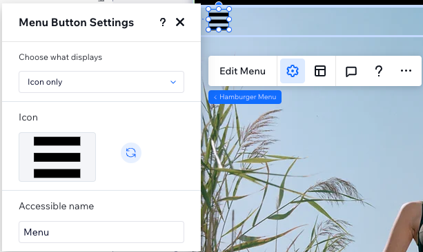 The Hamburger Menu Button Settings panel in the Studio Editor