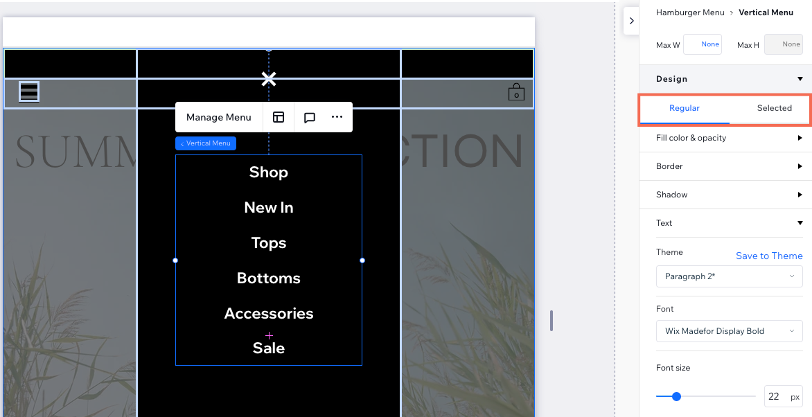 Designing the vertical menu in the Inspector panel, highlighting the Regular and Selected tabs that you can click