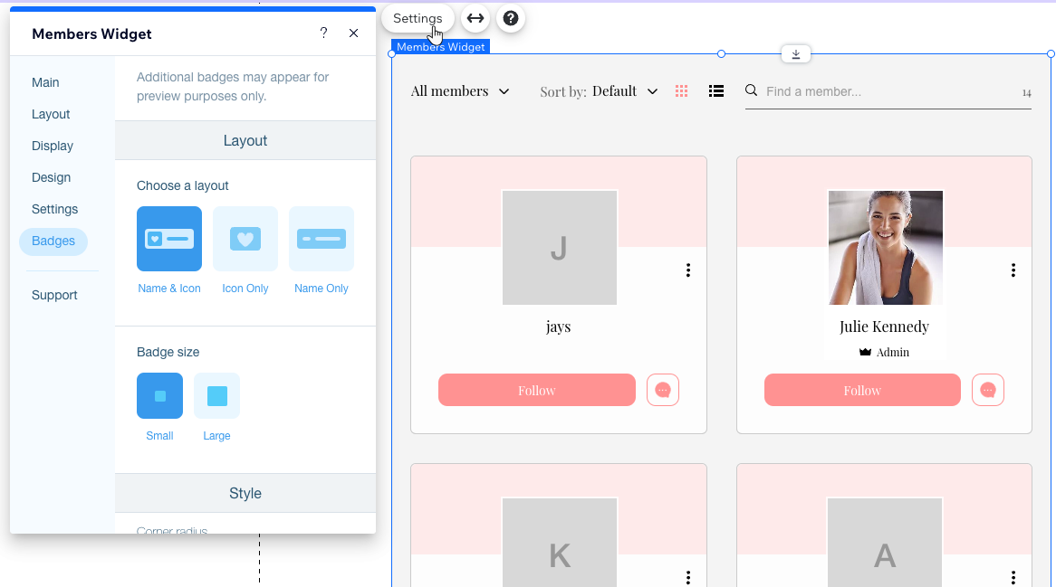 The Badges tab in the Settings panel of the Members List element, in Wix Editor