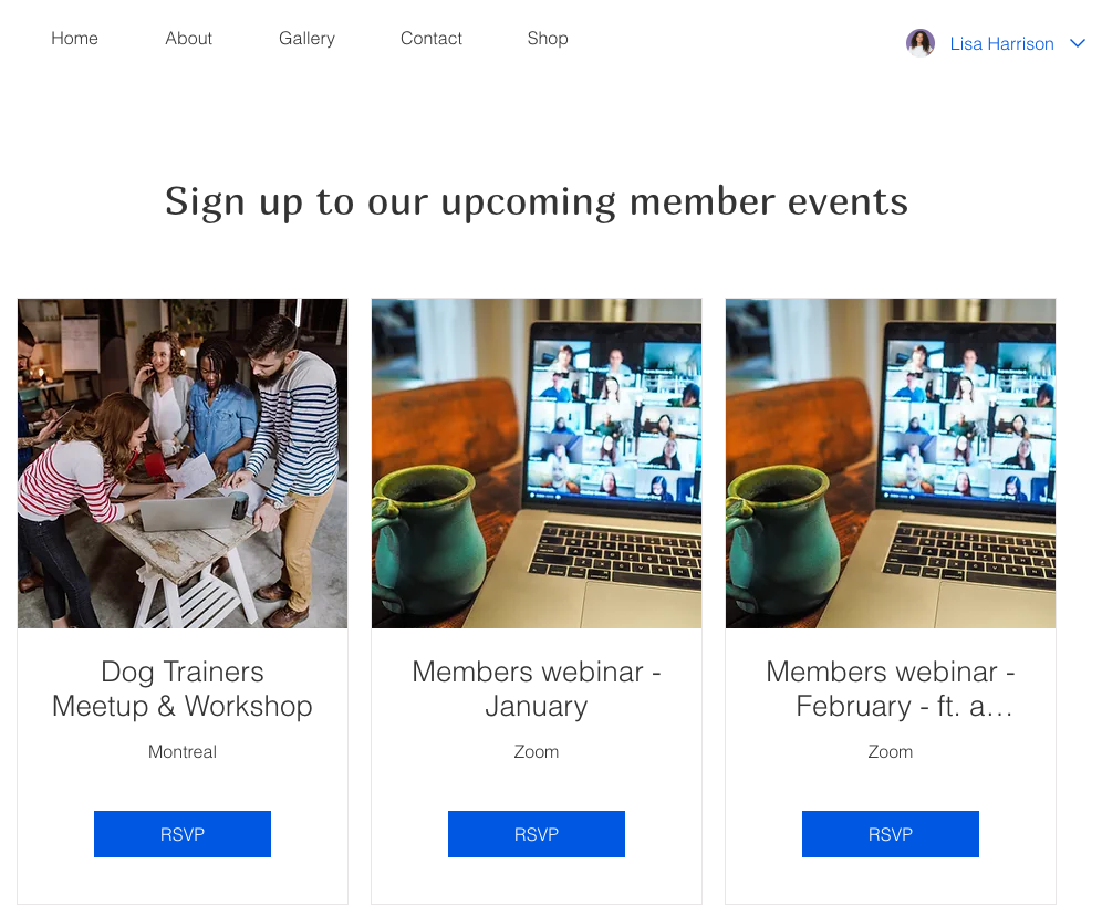 An example of a custom private member page, showing upcoming events for members only