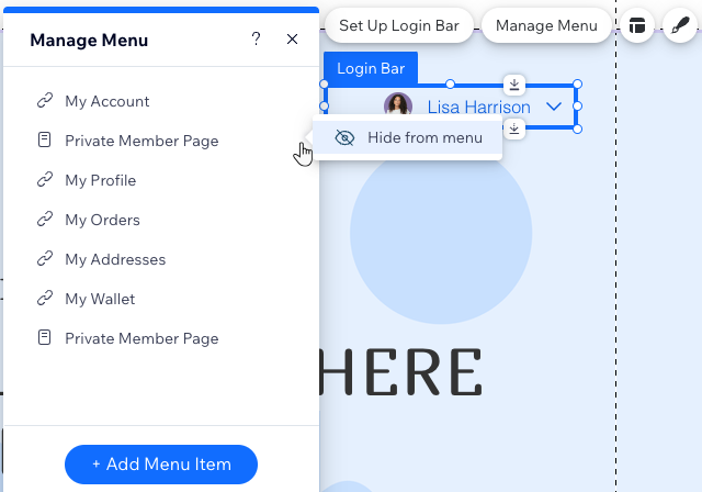 Hiding a private member page from the login bar menu in Wix Editor