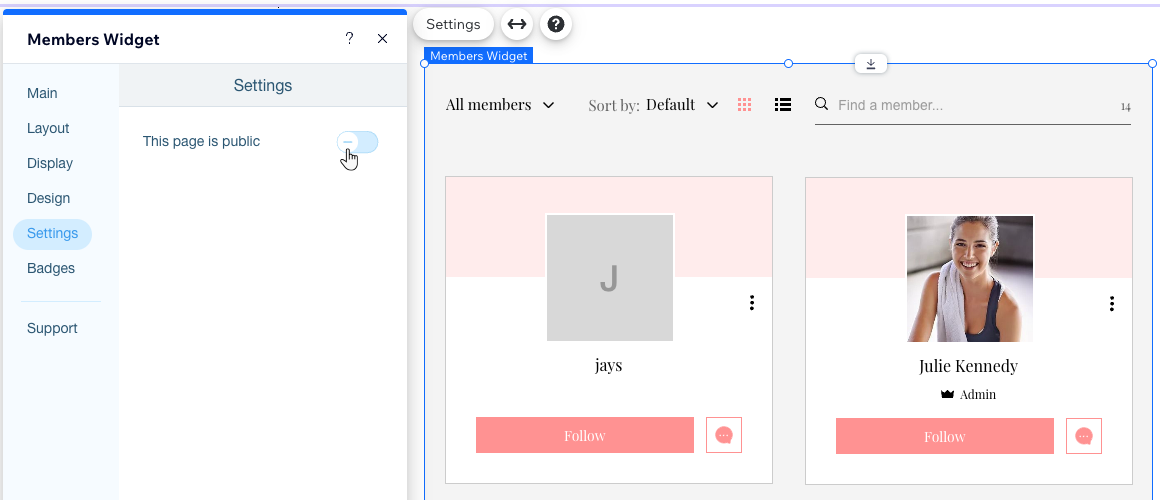 The toggle that controls whether the Members List is public or private, in Wix Editor