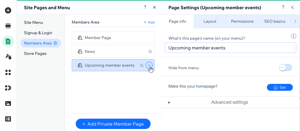 Naming the new private member page in the Site Pages and Menu panel in Wix Editor