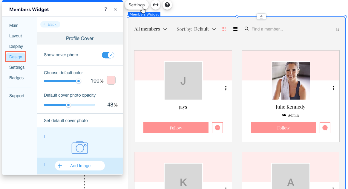 Het Ontwerp-tabblad in het Instellingen-paneel van het Ledenlijst-element in de Wix Editor