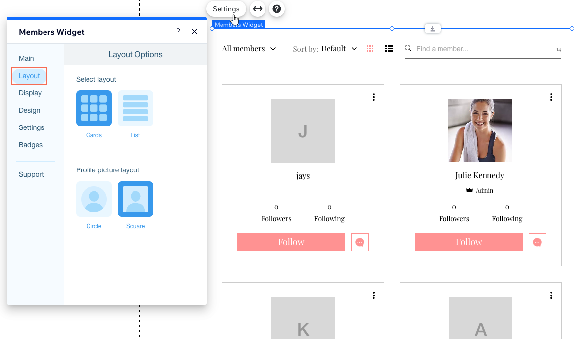 Het Indeling-tabblad in het Instellingen-paneel van het Ledenlijst-element in de Wix Editor