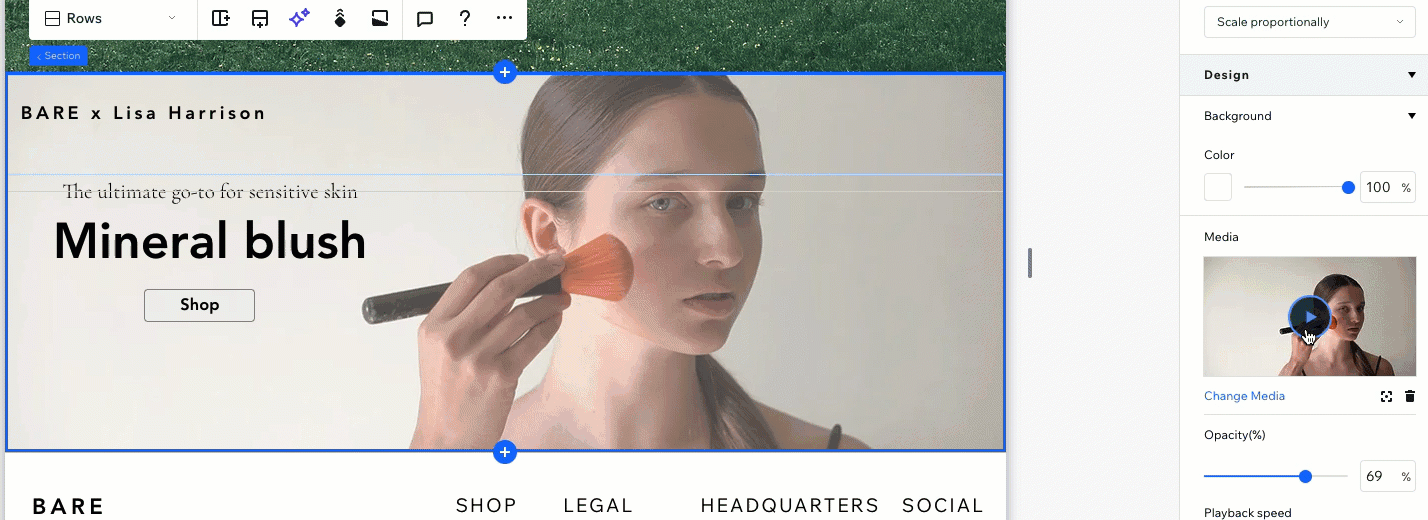 Visualizando o background de um vídeo na tela no Editor do Wix Studio