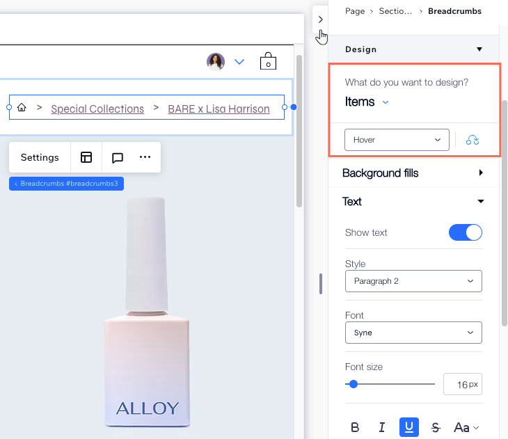 Designing the breadcrumbs element in the Inspector panel, choosing a specific part and state