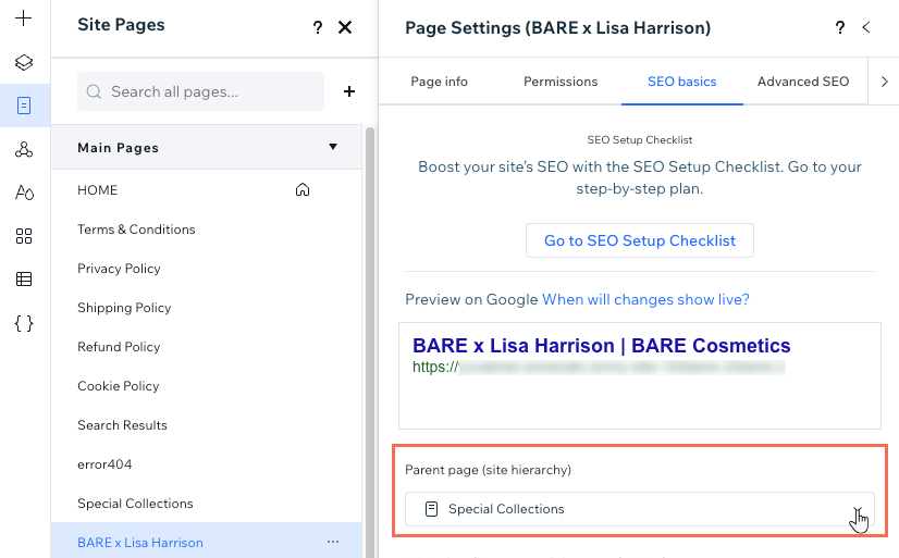 The SEO Basics tab in the Page Settings panel, where you can update its parent page