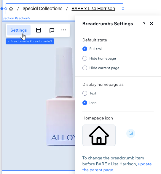 Configuração do elemento breadcrumbs no Editor do Wix Studio, escolhendo um novo ícone personalizado para a página inicial