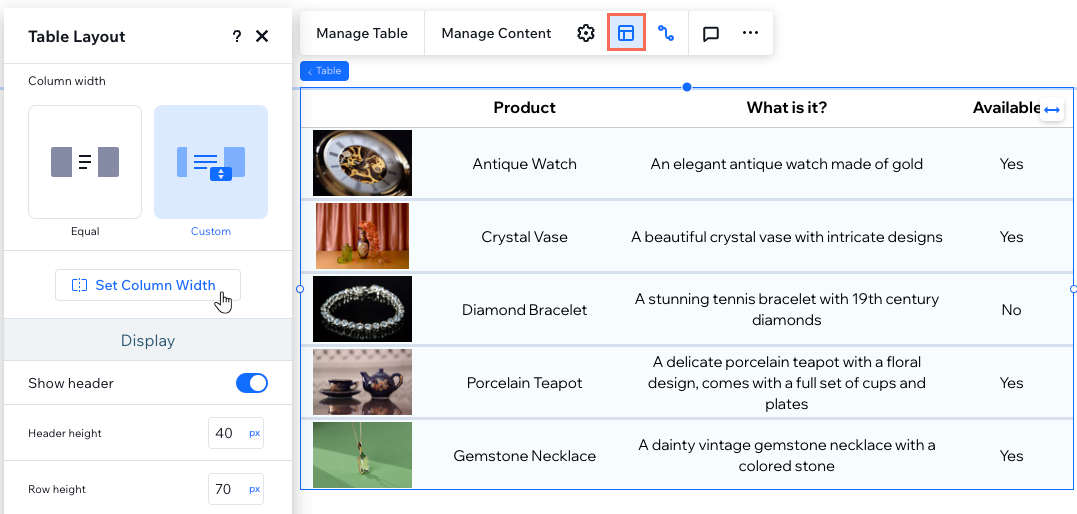 Il pannello Layout tabella nell'Editor Studio, clic sul tasto per impostare una larghezza personalizzata per ogni colonna della tabella