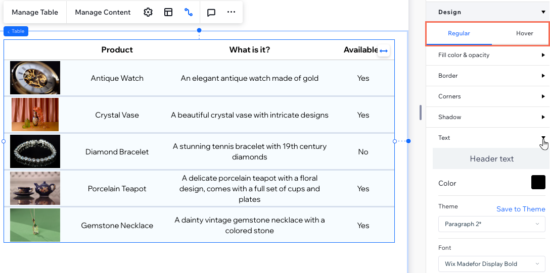 Les options de design disponibles dans le panneau Inspecteur pour l'élément Tableau, mettant en évidence les onglets Normal et Survol