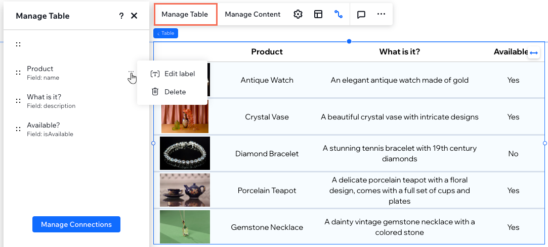 החלונית Manage Table והאפשרויות שמופיעות כשלוחצים על אייקון הפעולות הנוספות ליד עמודה