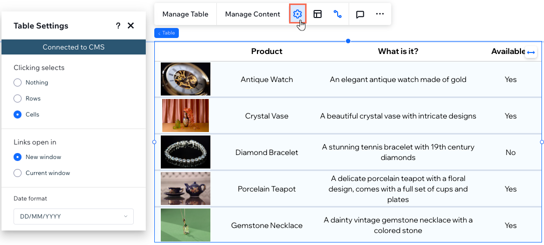 Personalizar los ajustes de la tabla en el Editor de Wix Studio