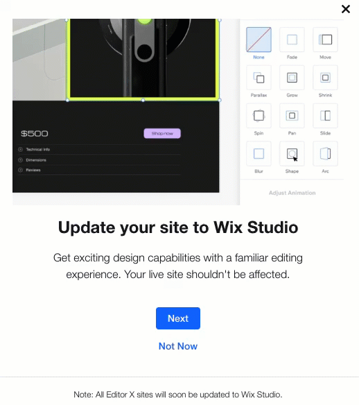 O pop-up que aparece quando você abre o Editor de um site que está pronto para a atualização para o Wix Studio