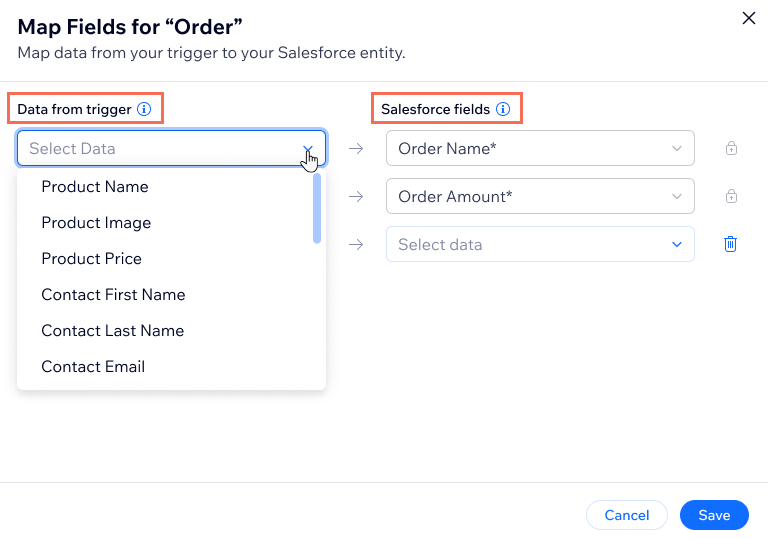 Mapear campos relacionados con un pedido de Wix Stores y hacerlos coincidir con los campos relevantes de Salesforce