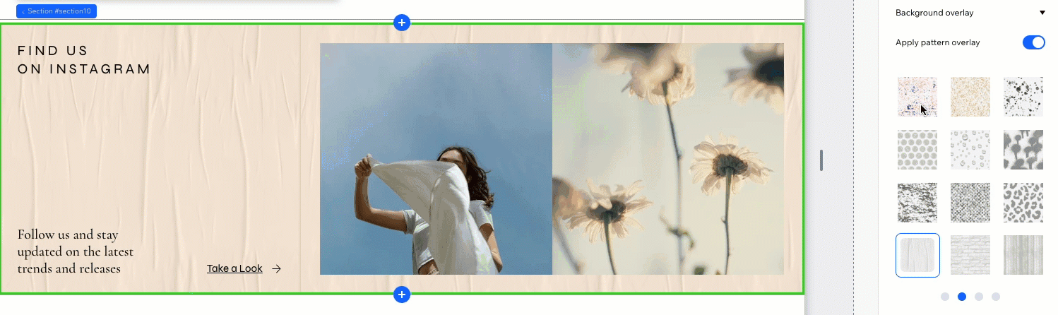 Exploración de las superposiciones de texturas disponibles en el Editor de Wix Studio, aplicación a una sección existente
