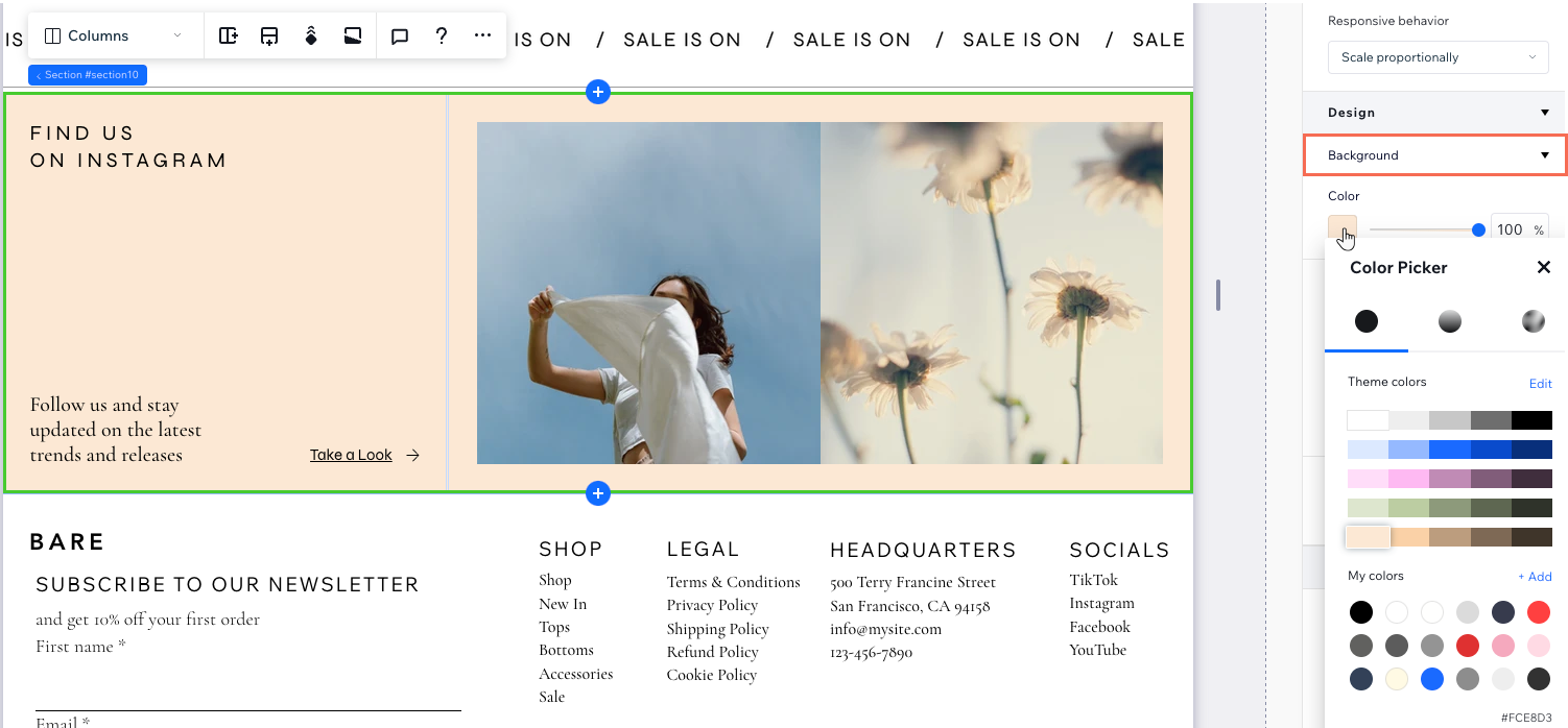 Escolhendo uma cor para o background da seção no Seletor de cores no painel Inspetor no Editor do Wix Studio