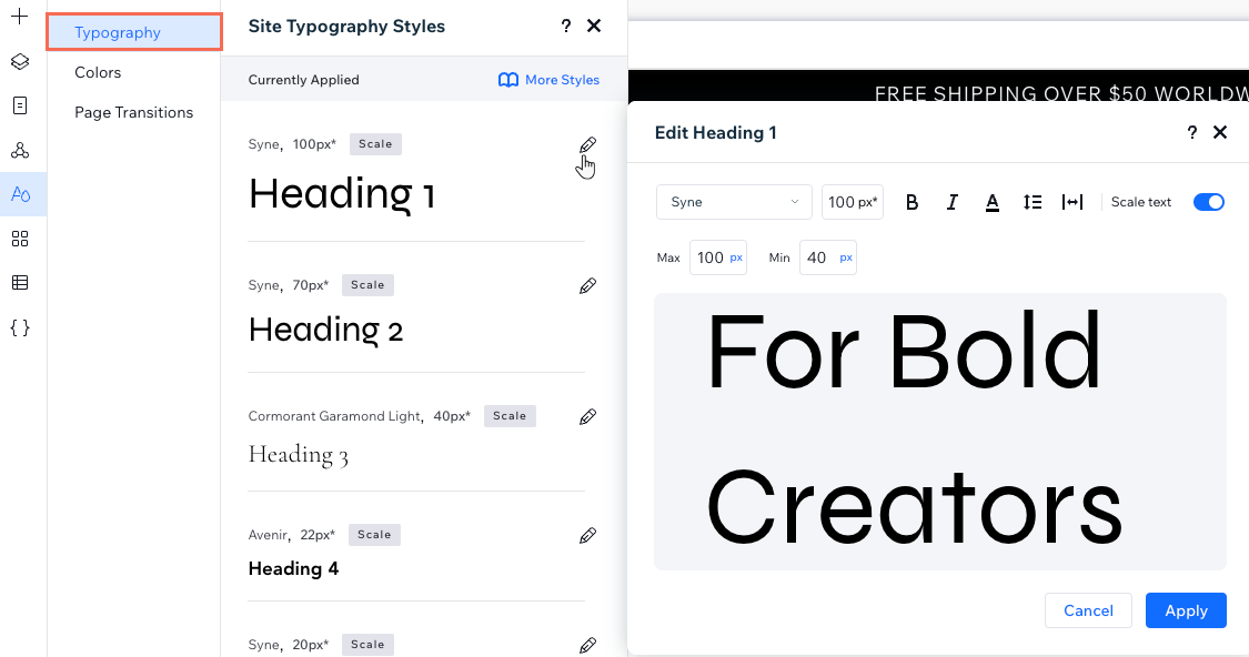 The typography tab in the site styles panel, editing the Heading 1 theme