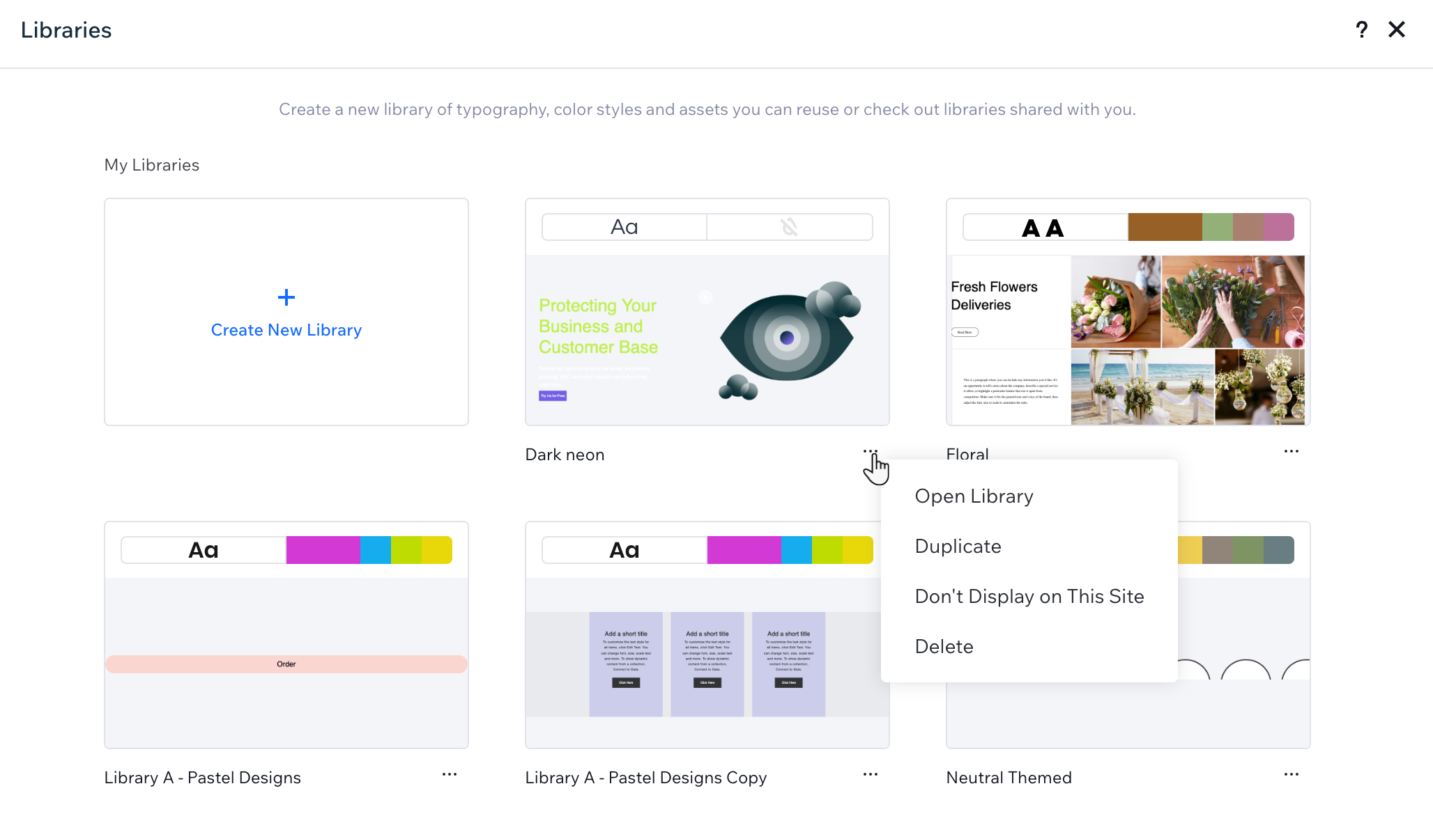 Al hacer clic en el icono Más acciones debajo de una biblioteca, se muestra el menú de opciones que se abre