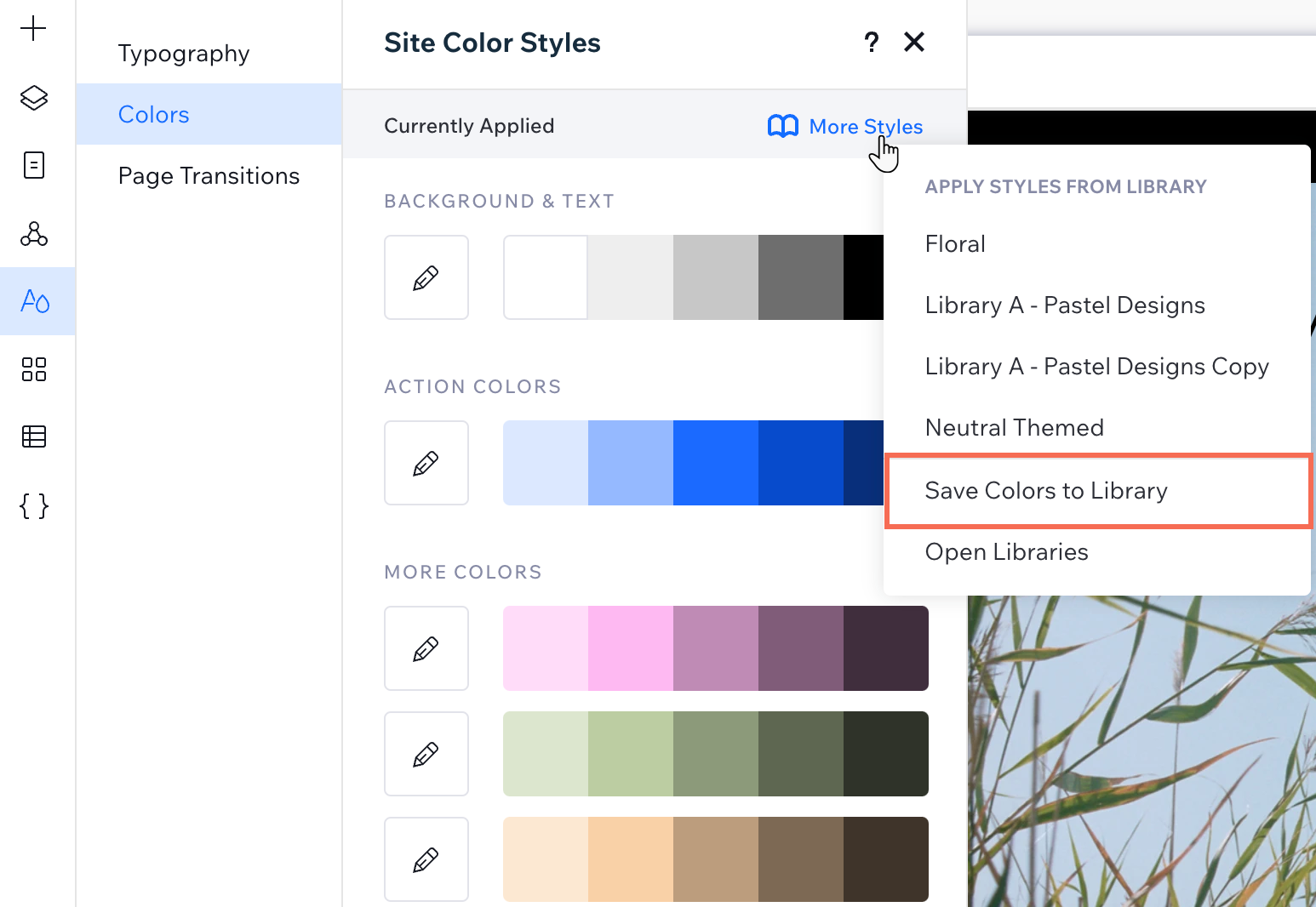 Adding the colors from the site styles panel to a library