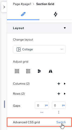 A screenshot showing the option to switch to advanced grid in the Inspector panel