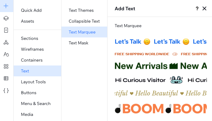 The available text marquee designs in the Add Elements panel in the Studio Editor