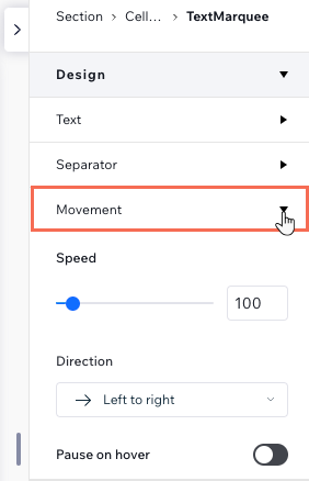 The movement design options available for text marquee in the Inspector panel