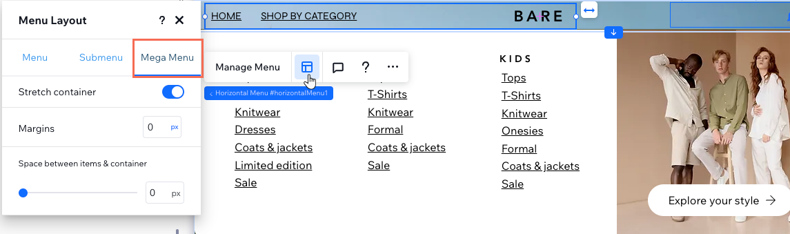 The mega menu tab in the menu layout panel in the Studio Editor.