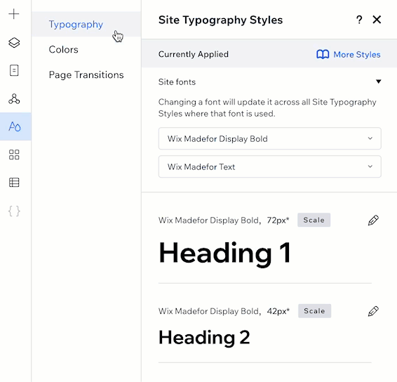 A GIF showing every tab in the Site Styles panel in the Studio Editor