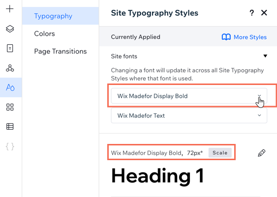 The Typography tab, changing the site font that is currently being used for Heading 1