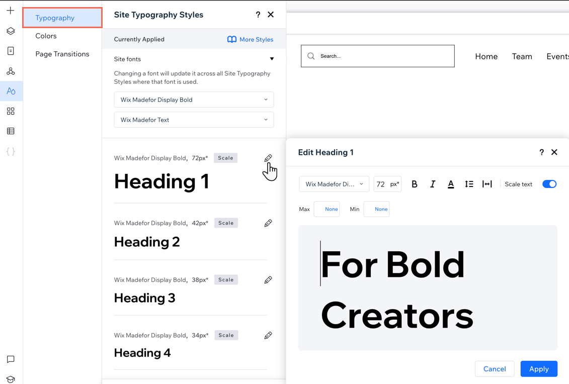 The typography tab in the site styles panel, editing the Heading 1 theme