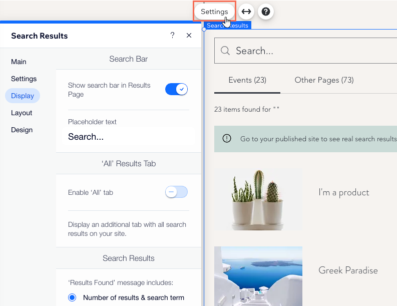 Den „Anzeige“-Tab im Einstellungen-Panel für Suchergebnisse im Wix Editor anpassen