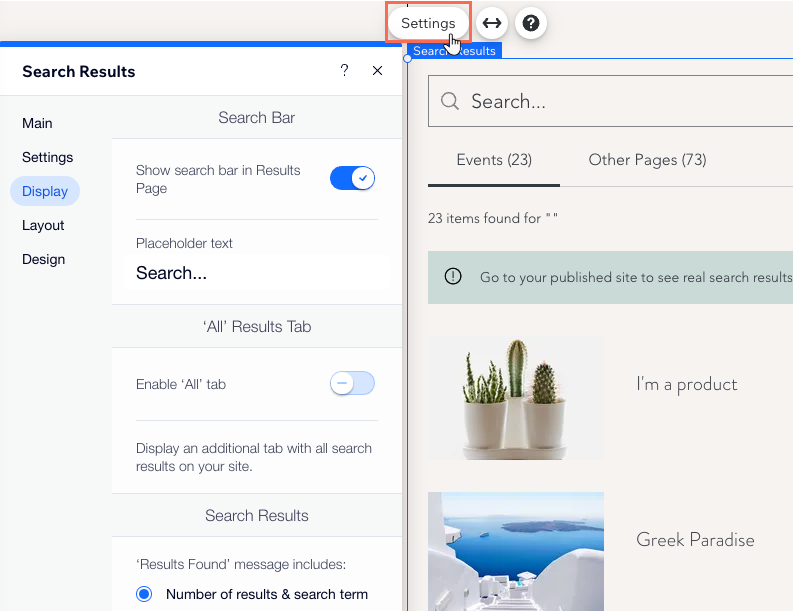 Adjusting the Display tab in the Search Results Settings panel in Wix Editor