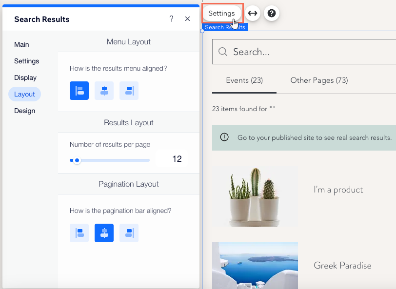 Customizing the layout of the search results page in Wix Editor
