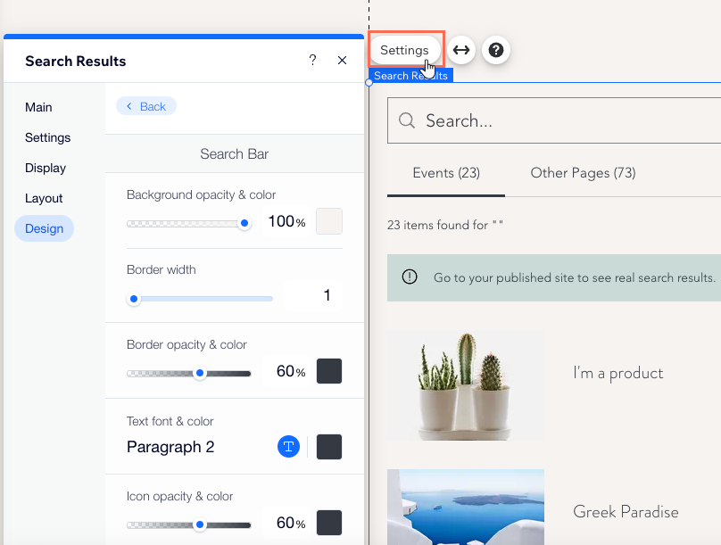 Diseñar la barra de búsqueda en la página de resultados de la búsqueda en el Editor de Wix