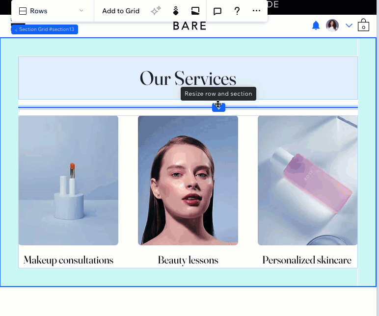 Arrastando a linha de grade inferior de uma linha de grade para ajustar sua altura no Editor do Wix Studio