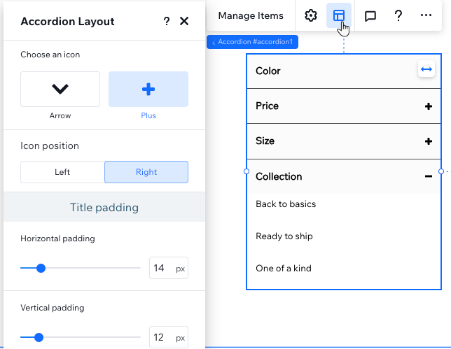 Captura de pantalla del panel de Estilo del acordeón en el Editor de Wix Studio
